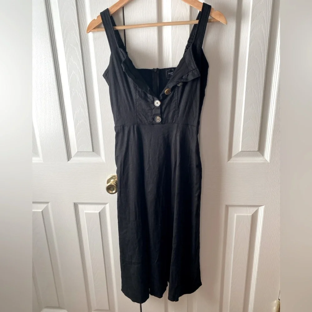 RESET by JANE‎ Black Linen Blend Lagenlook Square Neck Fit n Flare Midi Dress M